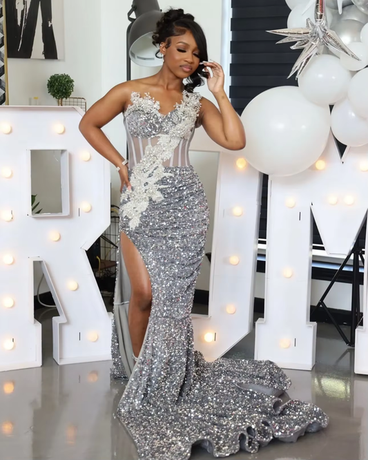 Aso Ebi Silver Mermaid Prom Dresses 2025 One Shoulder Crystals Sequined corset Evening Birthday Engagement Gowns customsized