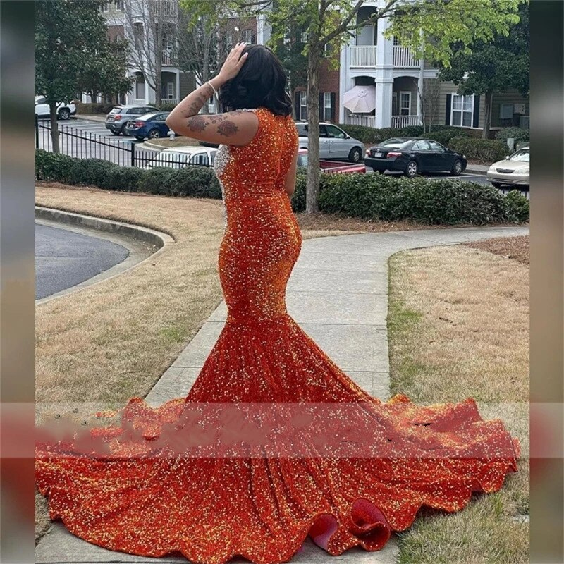 New Sparkly Orange Sequins Mermaid Prom Dresses For Black Girls Sexy Sheer Neck Crystals Rhinestones Plus Size Evening Party Go