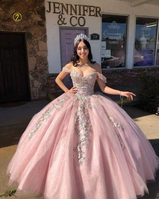 Pink Sweetheart Neckline Tulle Appliques 16 Princess Ball Gown Quinceanera Dress Prom Dress