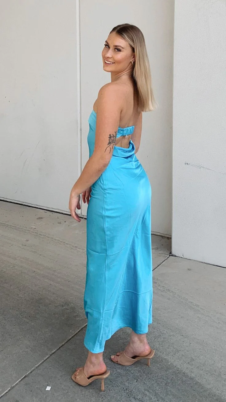 Strapless Light Blue Long Prom Dress Party Evening Gown