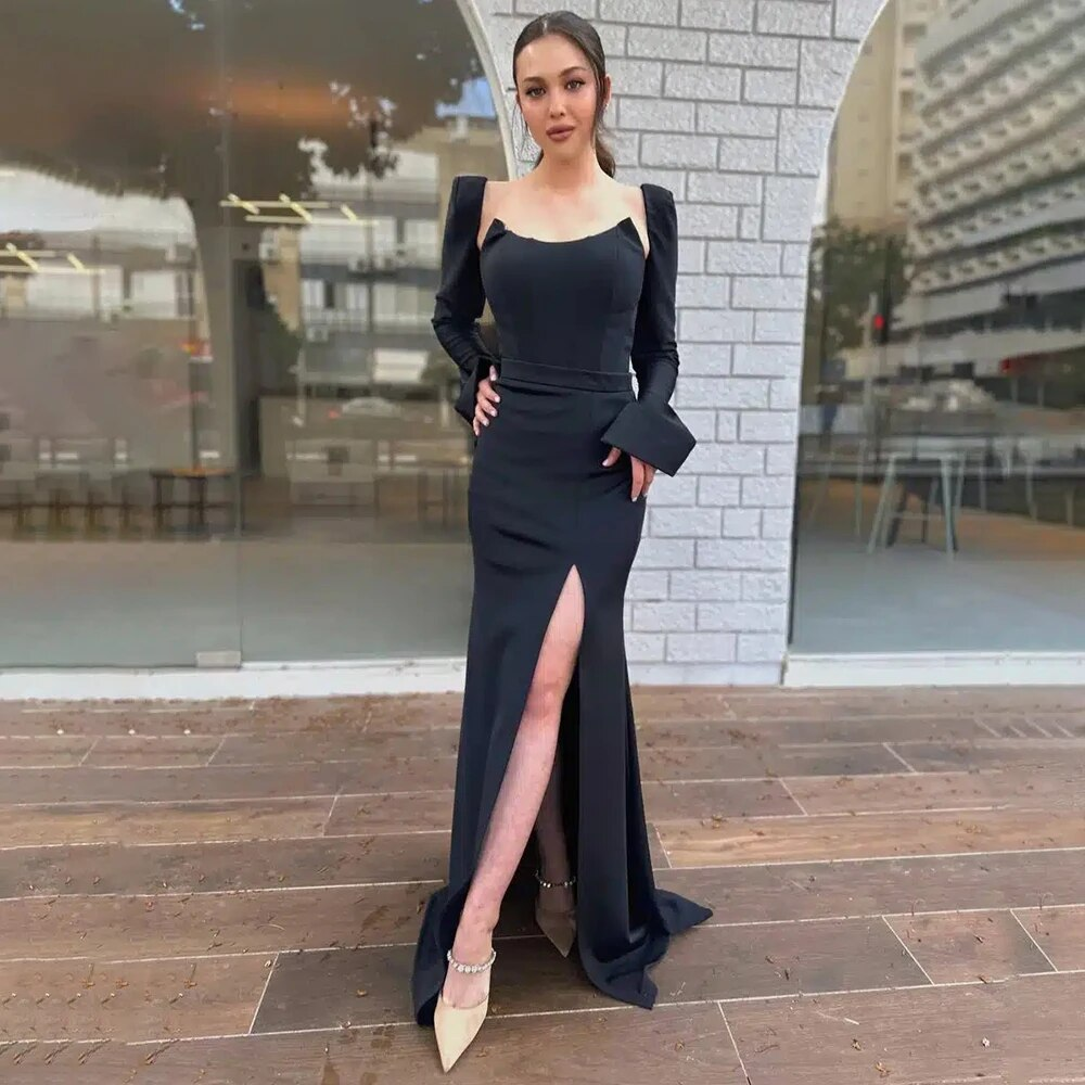 Sexy Evening Dress Black Side Split Long Sleeves Mermaid Evening Gowns for Women 2024 Belt Trumpet Formal Party Dresses Long