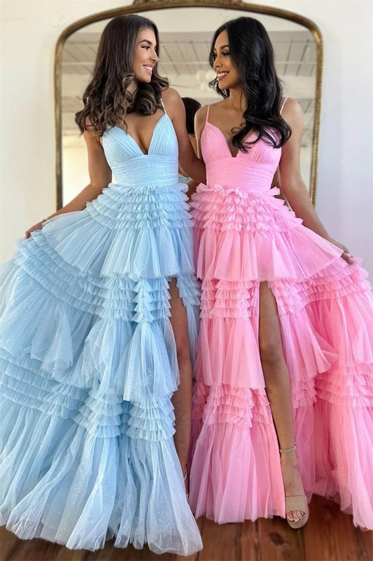 2024 Sleeveless Light Blue V Neck Spaghetti Straps Prom Dresses Long Tulle Tiered Ruffles Red Evening Party Ball Gowns