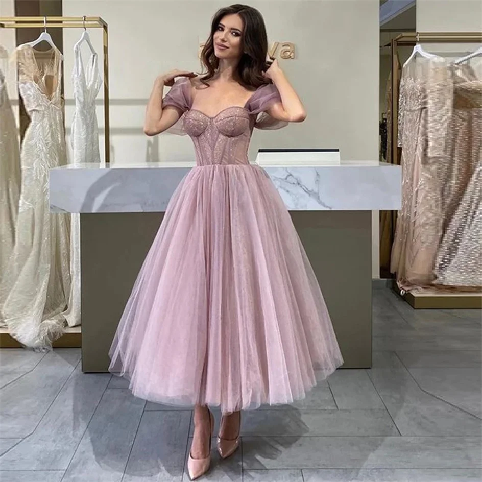 Sweetheart 2024 Light Pink Evening Party Dresses Draped Tea Length Elegant Prom Dress Graduatation A Line Homecoming Ball Gowns