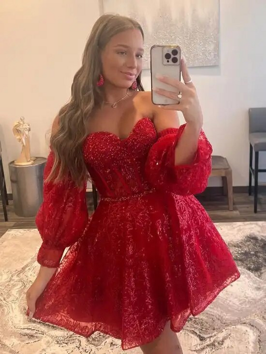Burgundy Prom Dresses 2023 Short Glitters Sequined Sweetheart Off Shoulder Puffy Full Sleeves A Line Graduation Homecoming Gowns
