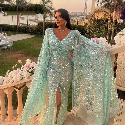 Glitter Sequins Prom Dress With Shawl Mermaid Party Dresses Sexy High Split Trumpet Prom Dresses 2023 Luxury Gowns فساتين السهرة