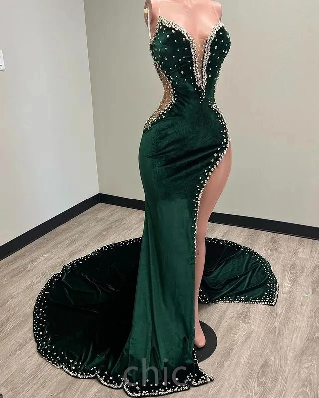 Slit African American Prom Dresses Mermaid Spaghetti Straps Velvet Beaded Black Girls Nigeria Saudi Arabia Evening Dresses Gown