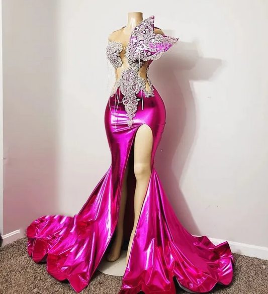 Fuchsia Aso Ebi African Evening Dresses Mermaid Sheer Appliques Beaded Slit Long Ghana Nigeria Black Girls Evening Gown Prom