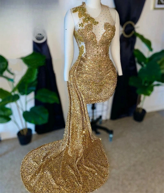 Gold African American Prom Dresses Sheath Sheer Sequins Beaded Black Girls Birthday Party Women Cocktail Dresses Nigeria