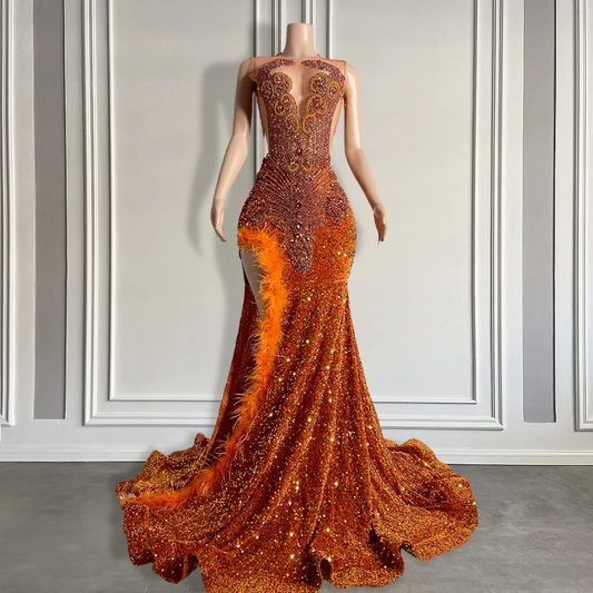 Sparkly Rhinestone Orange Feather Mermaid Prom Gowns 2024 Sexy High Slit Black Girl Sparkly Sequin Long Prom Dresses