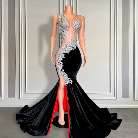 Sexy Black Velvet Slit Long Prom Dress with Red Lining Black Girls Silver Lace Appliques Sheer Mesh Mermaid Prom Gala Gown