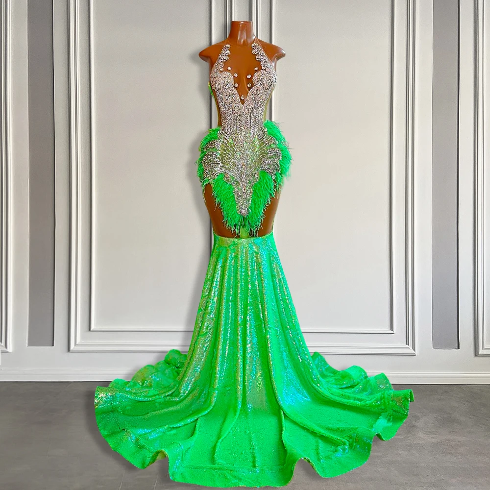 Glitter Green Mermaid Prom Dress 2024 Black Girls Luxury Crystal Beaded Long Prom Gowns Sexy Halter Feather Prom Dresses