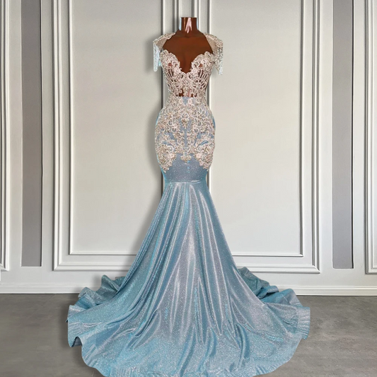 Glitter Sky Blue Mermaid Prom Dresses 2024 with Tassel Luxury Crystals Appliques Long Prom Party Gowns for Black Girls