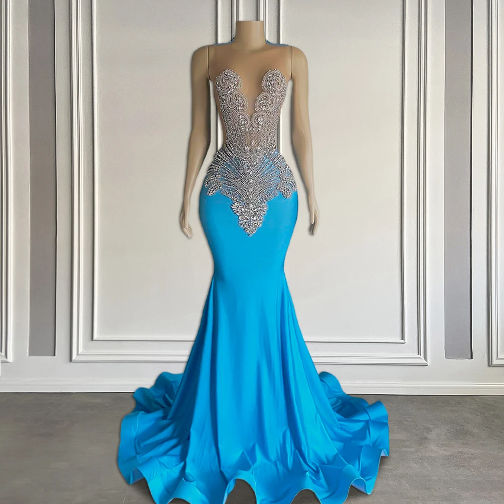 Elegant Blue Long Prom Dresses 2024 Luxury Crystal Beaded Mermaid Style Black Girls Prom Gala Gowns