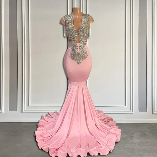 Luxury Diamond Long Pink Prom Dresses 2024 with Tassel Black Girl Sheer O Neck Beaded Mermaid Prom Gala Gowns