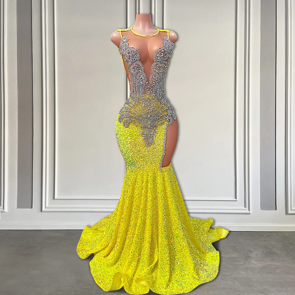 Yellow Sequin Luxury Prom Dress For Black Girl Sheer O Neck Sparkly Diamond Crystal Long Prom Formal Gown Mermaid Style