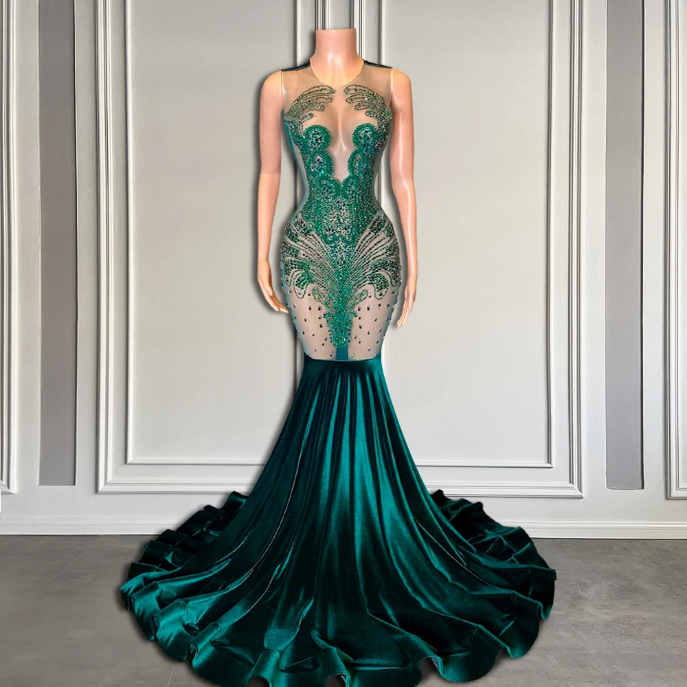 Luxury Green Crystals See Through Long Prom Dresses Mermaid Style Sexy ...