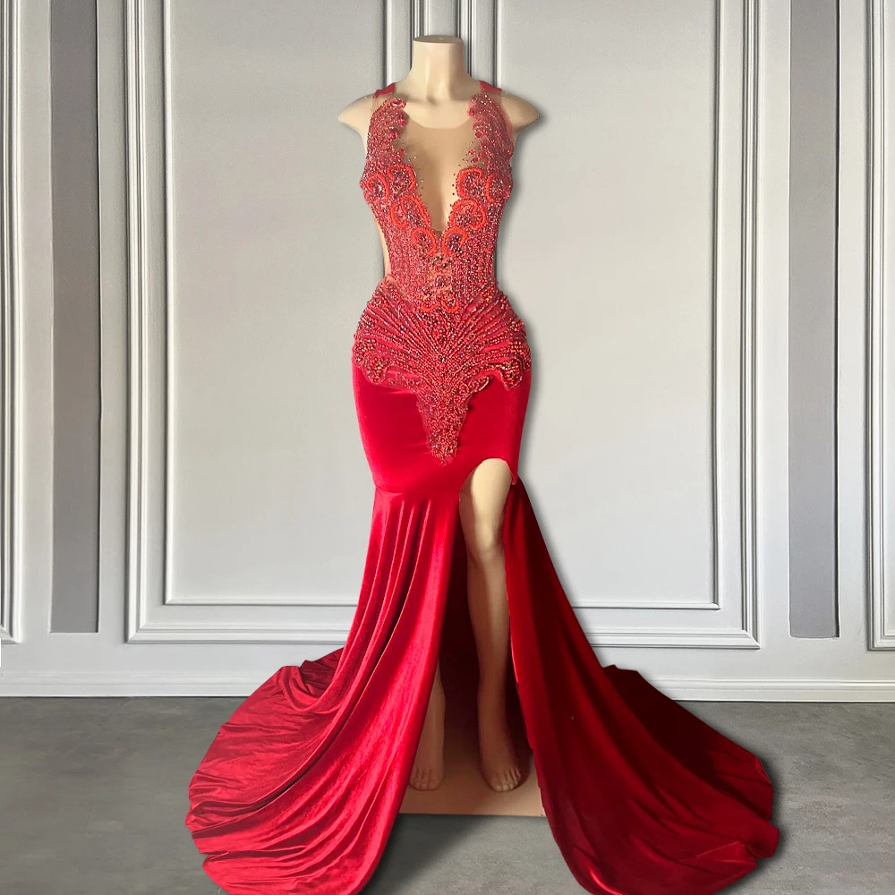 Sexy Thigh Split Red Long Prom Dresses for Black Girls Crimson Crystals Beaded Luxury Mermaid Prom Gala Gowns 2024