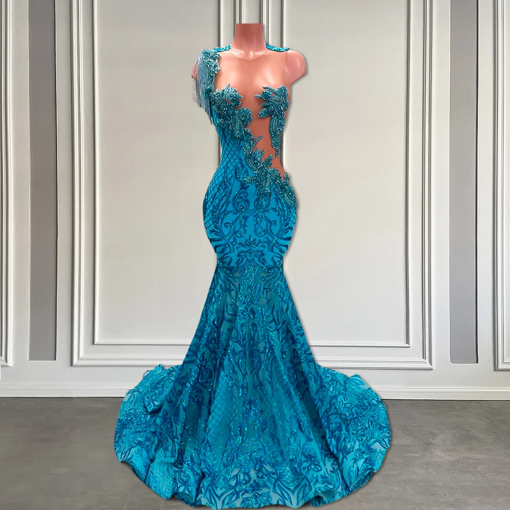 Sparkly Lace Peacock Blue Prom Dress Long 2024 Luxury Beaded Black Girls Mermaid Fitted Prom Gowns with Tassel