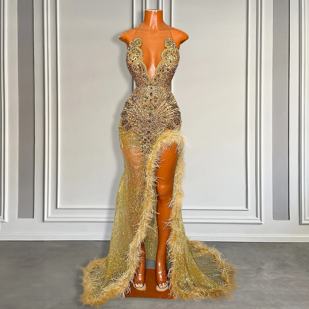Sexy Golden Sequins Mermaid Prom Dress Feather High Slit Black Girls P ...