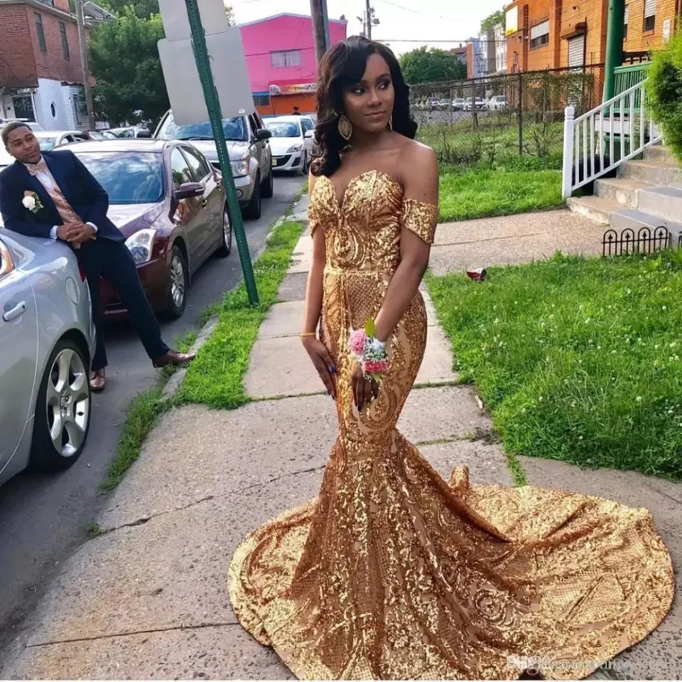 Sexy Off Shoulder Gold Sequin Mermaid Prom Dresses Long 2023 for Black Girls Plus Size African Party Evening Gown for Wedding