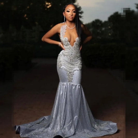 Luxury Silver Prom Dresses For Black Girls 2024 Diamond Sequin Mermaid Party Gowns Evening Dress Vestidos De Festa