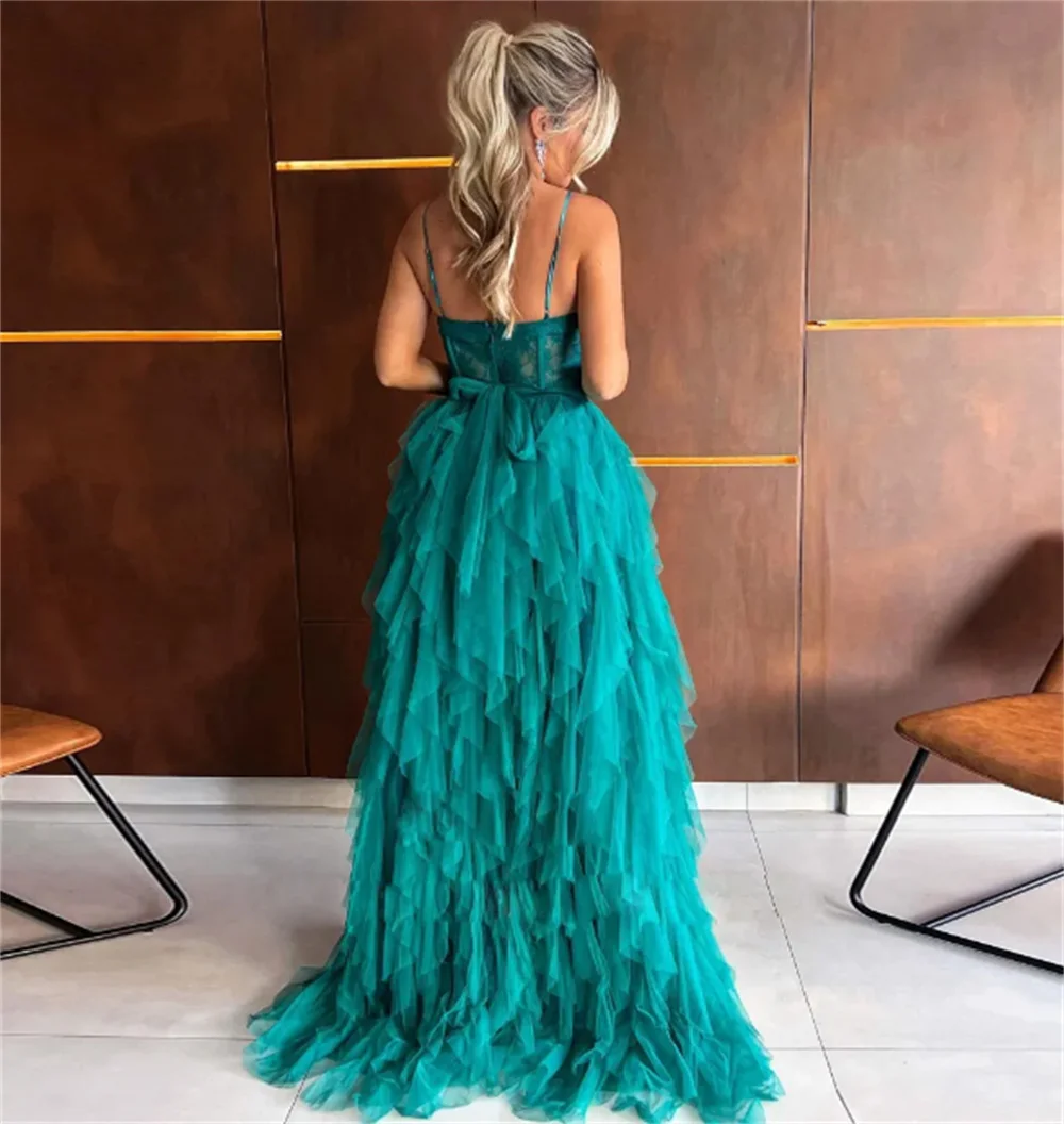 Gorgeous Ruffles Tulle A Line Prom Dresses Spaghetti Strap Layered Special Occasion Dress Lace Top Ruffles Tulle Evening Dress