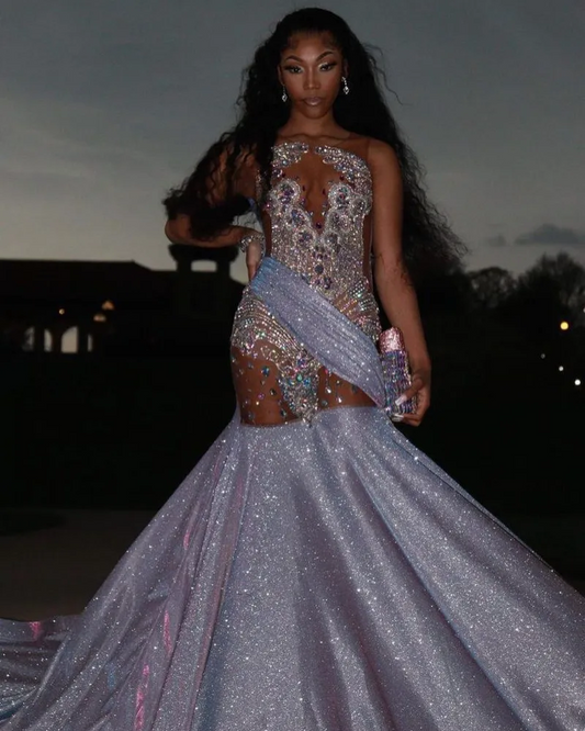 Gliter Mermaid Prom Dresses For Black Girls Rheinstone Beading African Women Pageant Party Gowns Vestido De Graduación