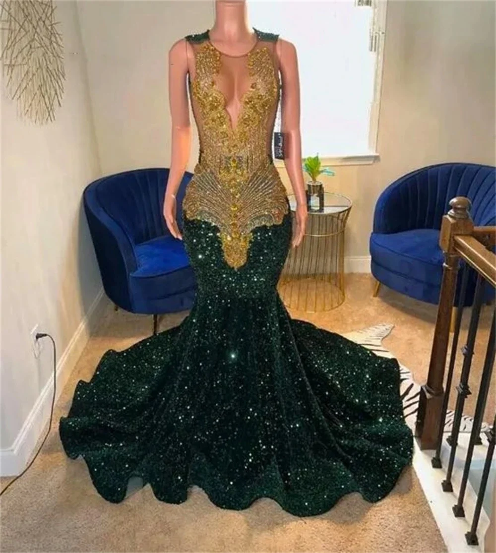 Unique Green Sequin Gold Crystal Beaded Mermaid Prom Dresses 2024 Sexy Sheer Mesh Luxury Handmade Diamond Black Girl Gala Gowns