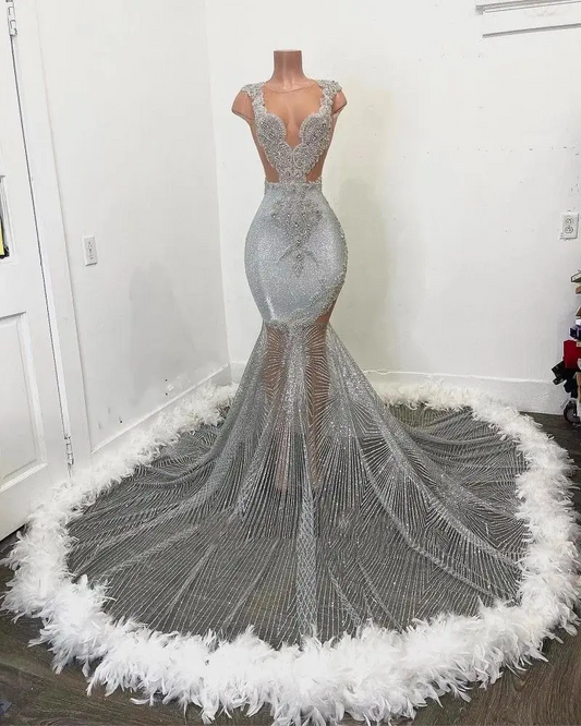 Sexy Sheer Neck Mermaid Prom Dresses For Black Girl 2024 White Sequins Plus Size Formal Evening Occasion Gowns Vestidos De Novia