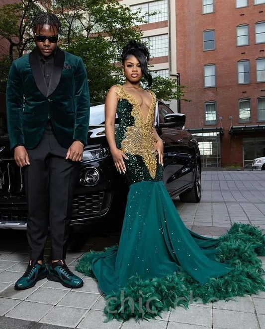 Teal African American Prom Dresses Mermaid Sheer Beaded Crystals Feather Black Girls Nigeria Robe De Soiree Evening Dresses Gown