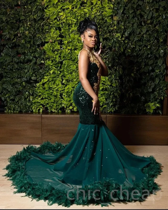 Teal African American Prom Dresses Mermaid Sheer Beaded Crystals Feather Black Girls Nigeria Robe De Soiree Evening Dresses Gown