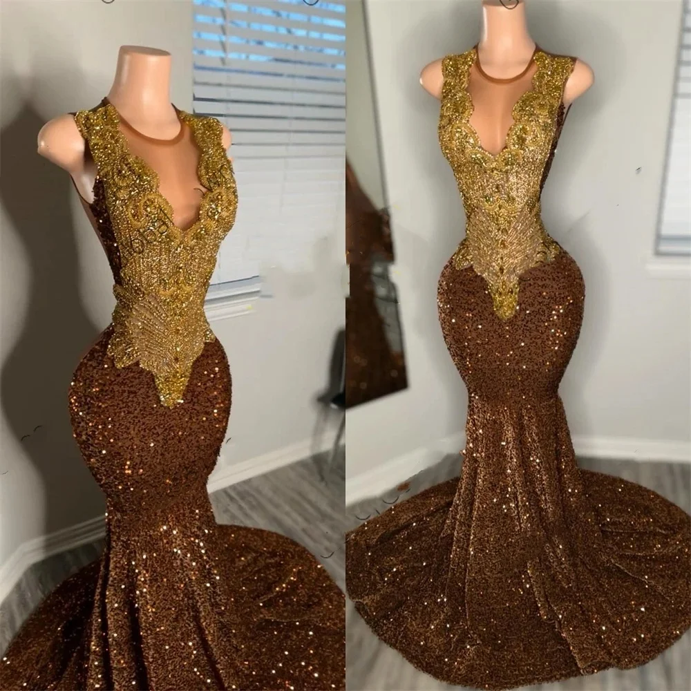 Brown Sheer O Neck Long Prom Dress For Black Girls 2024 Beaded Crystal Rhinestone Birthday Party Dresses Sequined Evening Gowns