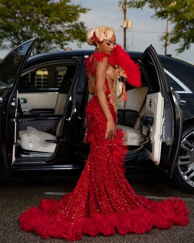 Luxury Red Sequins Split Mermaid Prom Dress For Black Girls 2024 Sheer Neck Ruffles For African Women Evening Party Gowns