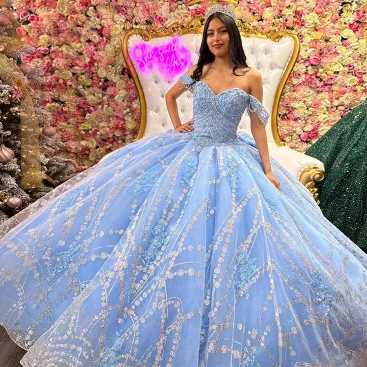 Glitter Blue Sky Quinceanera Dresses for Prom Gowns Sweetheart Beading Vestidos De 15 Anos Big Bow Tie Sweet 16 Robes