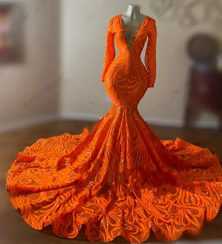 Luxury Orange O Neck Long Prom Dress For Black Girls 2022 Appliques Birthday Party Gown Mermaid Celebrity Dresses Robe De Soir