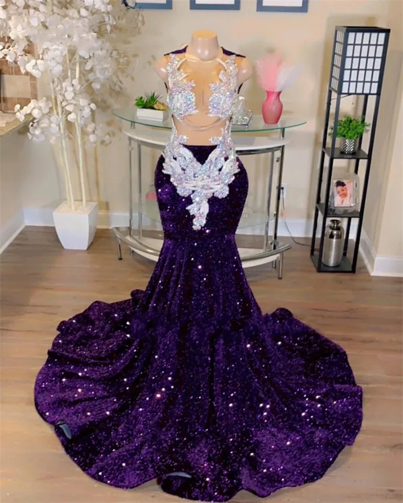 Grape Sheer O Neck Long Prom Dress For Black Girls 2023 Sparkly Sequined Birthday Party Dresses Beaded Appliques Evening Gowns