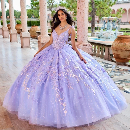Lilac Sexy Spaghetti Strap Floral Gown Quinceanera Dress 2024 Sequin Applique Lace Basque Glitters Vestidos De 15 Prom Party Gow