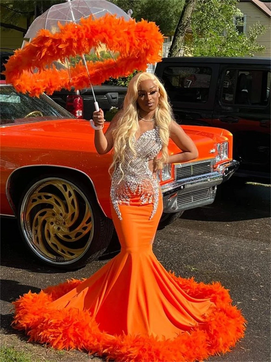 Orange Crystal Orange Feathers Long Prom Dresses For Black Girls 2024 African Mermaid Birthday Evening Party Gown Robe De Soiree