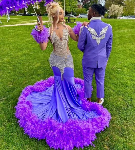 Luxury Purple Prom Dresses For Black Girls 2024 Rhinestone Feathers African Women Mermaid Party Gowns Vestidos De Festa