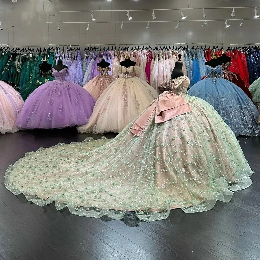 Gorgeous 3D Flowers Bow Quinceanera Dresses Ball Gown Off The Shoulder Sequined Lace Beading Sweet 15 Vestidos De XV Anos