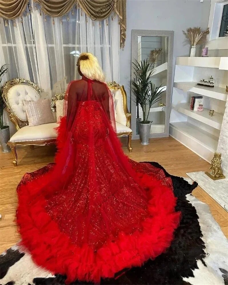 Red Halter Long Prom Dress For Black Girls 2024 Beaded Rhinestone Birthday Party Dresses Sequined Ruffles Evening Gown With Cape