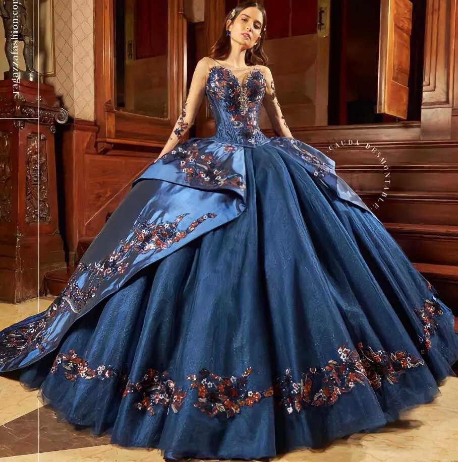 Mexican Navy blue Quinceanera Dresses long sleeve Flowers Lace Appliques Rhinestones Sweet 16 Dress Vestido De 15 Anos lace up