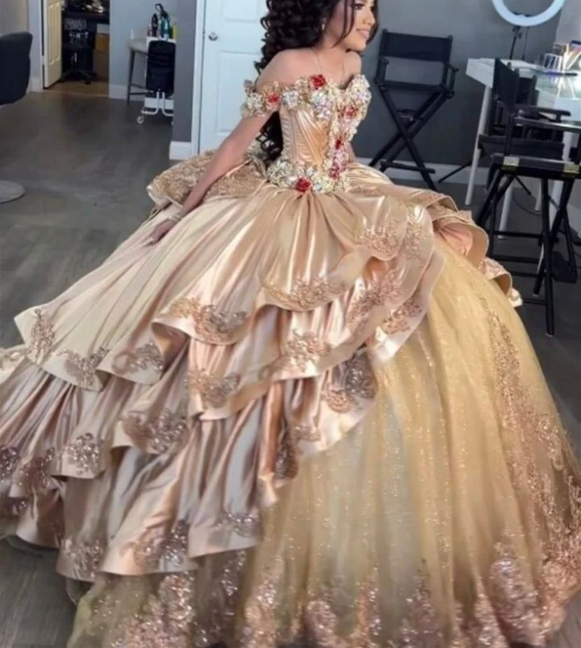 Princess Mexico Champagne Gold Quinceanera Dresses Off The Shoulder Satin Ruffels Ball Gown Sweet 16 Dresses vestidos