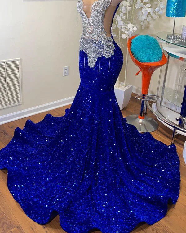 Sexy Mermaid Style Sheer Top Luxury Sparkly Silver Crystals Diamond Black Girls Royal Blue Long Prom Dresses 2024