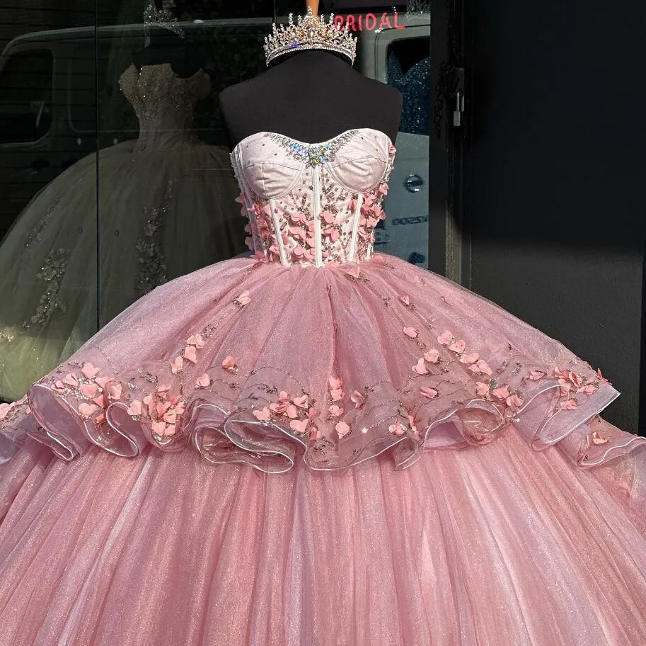 Blush Pink Princess Quinceanera Dresses 3D Floral Butterfly Boning Corset vestido de quinceañera Sweet 15 Prom Gown