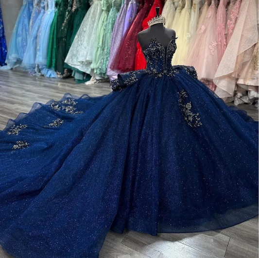 Navy Blue Sparkly Princess Quinceanera Dresses 2024 Applique Peplum Corset vestido de 15 quinceañeras Sweet 16 Lace Up