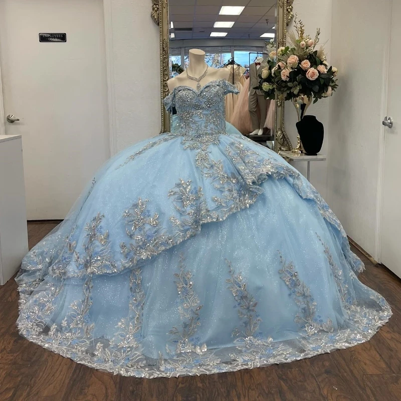 Sky Blue Shiny Quinceanera Dress Princess Off the Shoulder Prom Gown Tulle Appliques Lace Beads Sweet16 Dress Vestidos De 15Anos