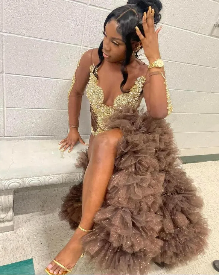 Brown Ruffles African Prom Homecoming Dress for Women Sparkly Diamond Crystal Black Girl Birthday Runway Party Gown Gala