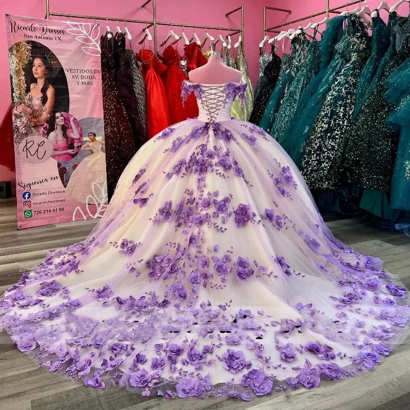 Lavender Quinceanera Dresses Princess Sweet 16 Years Girl Birthday Party 3D Flowers Appliques Pearls Vestidos De Quinceañera