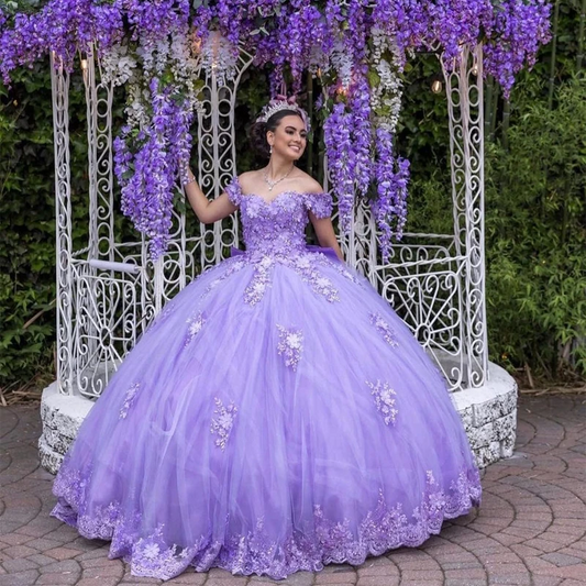 Lilac Ball Gowns Quinceanera Dresses 3D Appliqued Sweet 16 Dress Lace-Up Birthday Party Vestido De 15 Años With Bow